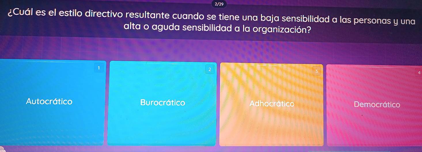 2/29
¿Cuál es el estilo directivo resultante cuando se tiene una baja sensibilidad a las personas y una
alta o aguda sensibilidad a la organización?
1
2
Autocrático Burocrático Adhocrático Democrático