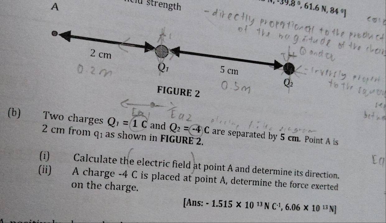 A 
eu strength
N, -39.8°, 61.6N, 84°].
2 cm
Q_1 5 cm
Q_2
FIGURE 2 
(b) Two charges Q_1=1C and Q_2=-4C are separated by 5 cm. Point A is
2 cm from q1 as shown in FIGURE 2. 
(i) Calculate the electric field at point A and determine its direction. 
(ii) A charge -4 C is placed at point A, determine the force exerted 
on the charge. 
[Ans: -1.515* 10^(13)NC^(-1), 6.06* 10^(13)N]