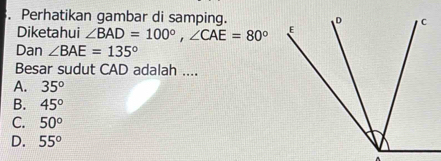 Perhatikan gambar di samping.
Diketahui ∠ BAD=100°, ∠ CAE=80°
Dan ∠ BAE=135°
Besar sudut CAD adalah ....
A. 35°
B. 45°
C. 50°
D. 55°