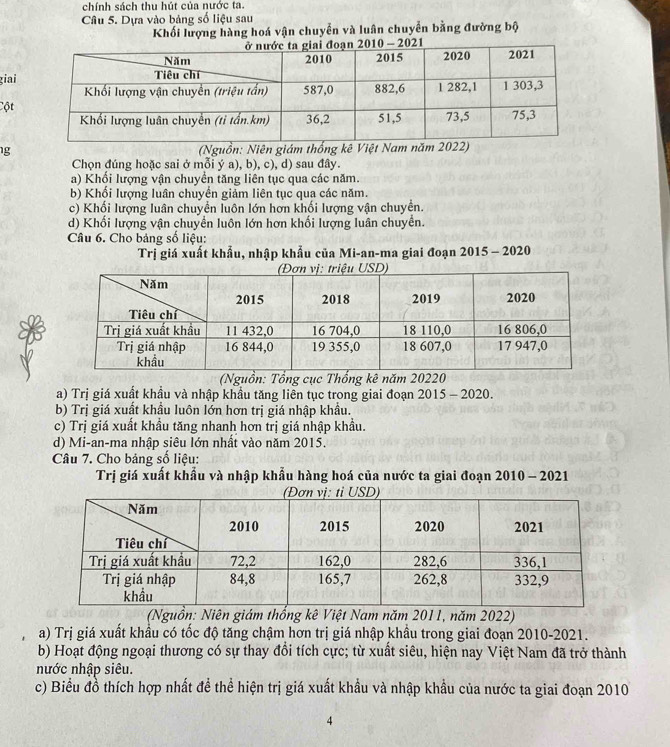 chính sách thu hút của nước ta.
Câu 5. Dựa vào bảng số liệu sau
Khối lượng hàng hoá vận chuyển và luân chuyển bằng đường bộ
giai
Cột
g (Nguồn: Niên giám thống kê Việt Nam năm 2022)
Chọn đúng hoặc sai ở mỗi ý a), b), c), d) sau đây.
a) Khổi lượng vận chuyển tăng liên tục qua các năm.
b) Khổi lượng luân chuyển giảm liên tục qua các năm.
c) Khối lượng luân chuyển luôn lớn hơn khối lượng vận chuyền.
d) Khối lượng vận chuyển luôn lớn hơn khối lượng luân chuyển.
Câu 6. Cho bảng số liệu:
Trị giá xuất khẩu, nhập khẩu của Mi-an-ma giai đoạn 2015 - 2020
(Nguồn: Tổng cục Thống kê năm 20220
a) Trị giá xuất khẩu và nhập khẩu tăng liền tục trong giai đoạn 2015 - 2020.
b) Trị giá xuất khẩu luôn lớn hơn trị giá nhập khẩu.
c) Trị giá xuất khầu tăng nhanh hơn trị giá nhập khẩu.
d) Mi-an-ma nhập siêu lớn nhất vào năm 2015.
Câu 7. Cho bảng số liệu:
Trị giá xuất khẩu và nhập khẩu hàng hoá của nước ta giai đoạn 2010 - 2021
(Nguồn: Niên giám thống kê Việt Nam năm 2011, năm 2022)
a) Trị giá xuất khẩu có tốc độ tăng chậm hơn trị giá nhập khẩu trong giai đoạn 2010-2021.
b) Hoạt động ngoại thương có sự thay đổi tích cực; từ xuất siêu, hiện nay Việt Nam đã trở thành
nước nhập siêu.
c) Biểu đồ thích hợp nhất để thể hiện trị giá xuất khẩu và nhập khẩu của nước ta giai đoạn 2010
4