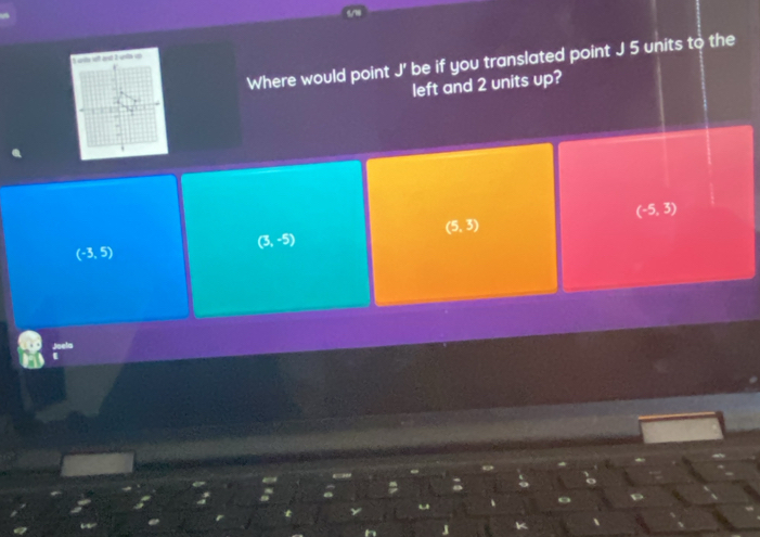 Where would point J' be if you translated point J 5 units to the
I ue st ant I unls on
left and 2 units up?
(-5,3)
(5,3)
(3,-5)
(-3,5)