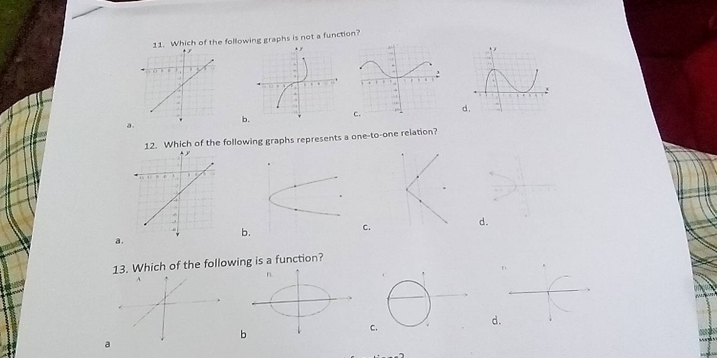 Which of the following graphs is not a function?
d
b.
a.
12. Which of the following graphs represents a one-to-one relation?
b.
c
a.
13. Which of the following is a function?
b
C.
d.
a