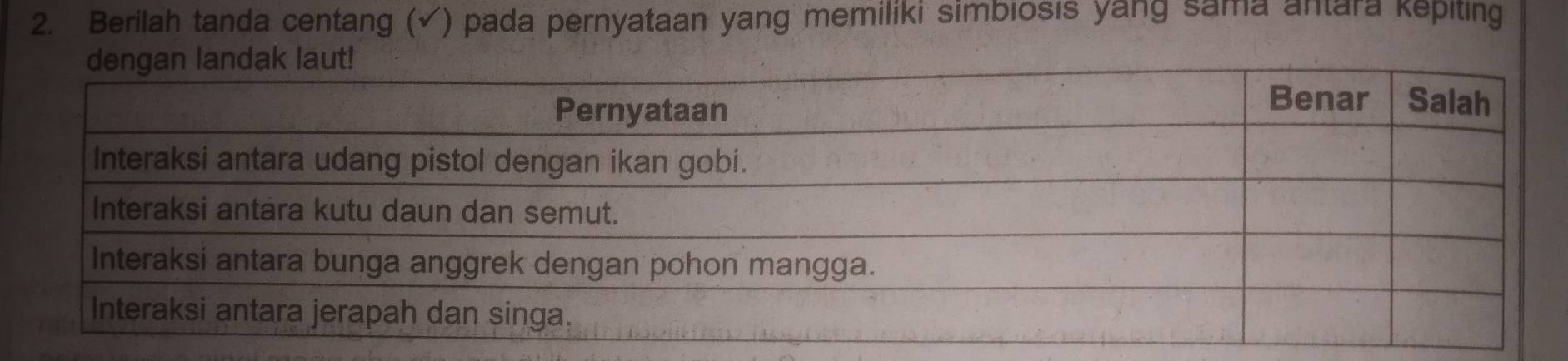 Berilah tanda centang (√) pada pernyataan yang memiliki simbiosis yang sama antara kepiting