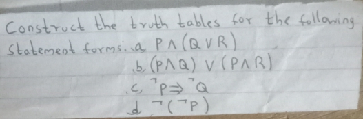 constroct the truth tables for the following
statement formsi a Pwedge (Qvee R)
(Pwedge Q)vee (Pwedge R)
C, ^7PRightarrow^7Q
d neg (^neg p)