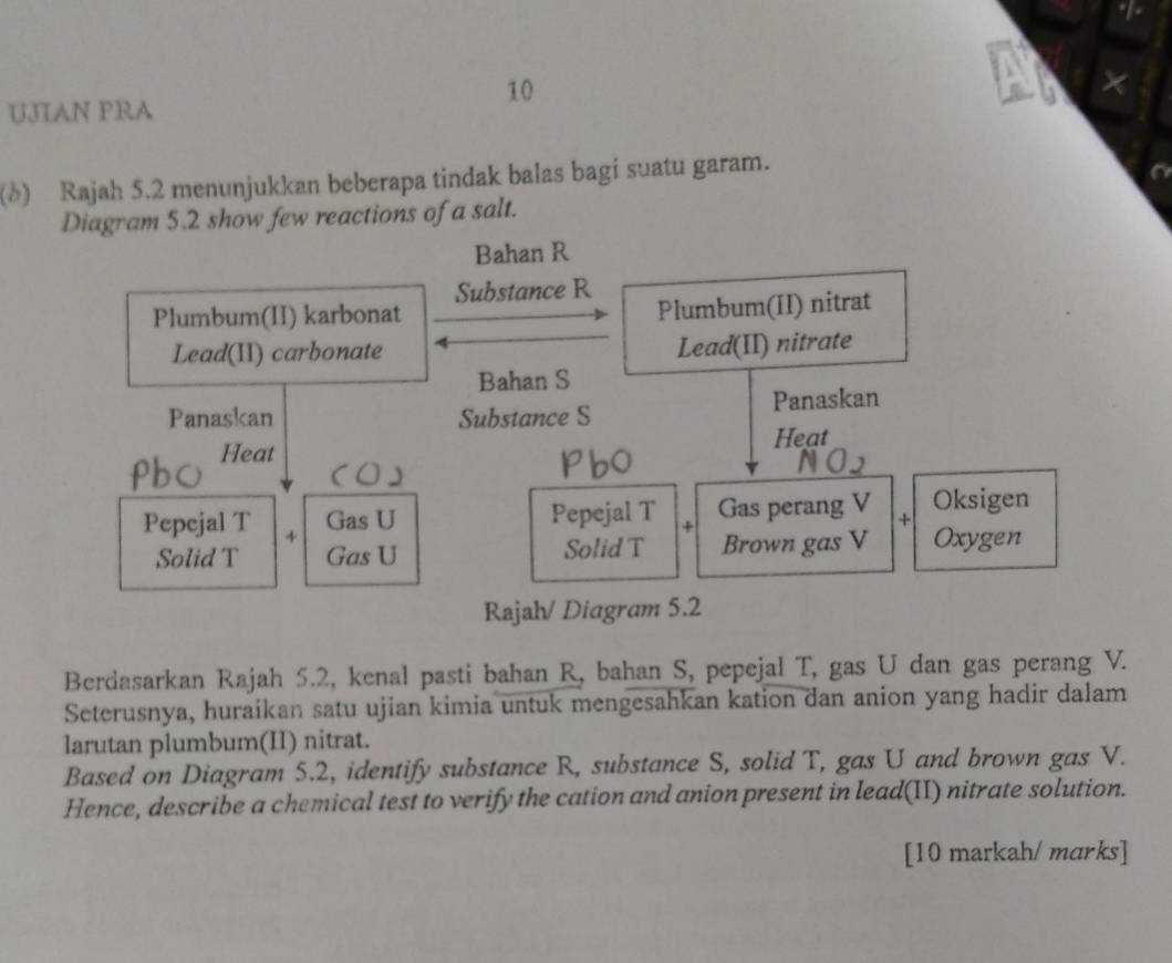 7 
10 
UJIAN PRA 
(δ) Rajah 5.2 menunjukkan beberapa tindak balas bagi suatu garam. 
Diagram 5.2 show few reactions of a salt. 
Bahan R 
Substance R
Plumbum(II) karbonat Plumbum(II) nitrat 
Lead(II) carbonate 
Lead(II) nitrate 
Bahan S 
Panaskan Substance S Panaskan 
Heat Heat 
Pepejal T + 
Gas U Pepejal T + Gas perang V + Oksigen 
Solid T Gas U Solid T Brown gas V Oxygen 
Rajah/ Diagram 5.2 
Berdasarkan Rajah 5.2, kenal pasti bahan R, bahan S, pepejal T, gas U dan gas perang V. 
Seterusnya, huraikan satu ujian kimia untuk mengesahkan kation dan anion yang hadir dalam 
larutan plumbum(II) nitrat. 
Based on Diagram 5.2, identify substance R, substance S, solid T, gas U and brown gas V. 
Hence, describe a chemical test to verify the cation and anion present in lead(II) nitrate solution. 
[10 markah/ marks]