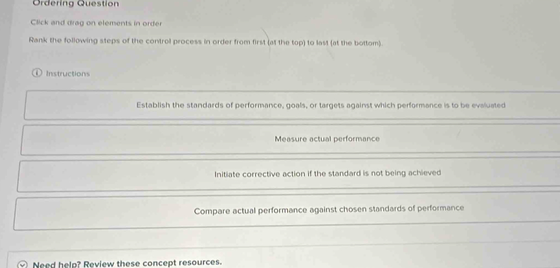 Ordering Question 
Click and drag on elements in order 
Rank the following steps of the control process in order from first (at the top) to last (at the bottom). 
① Instructions 
Establish the standards of performance, goals, or targets against which performance is to be evaluated 
Measure actual performance 
Initiate corrective action if the standard is not being achieved 
Compare actual performance against chosen standards of performance 
Need help? Review these concept resources.