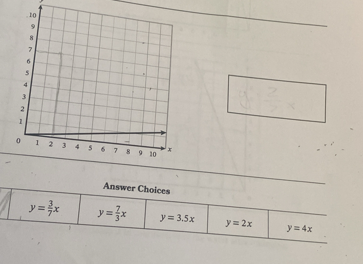 Answer Choices
y= 3/7 x y= 7/3 x y=3.5x y=2x y=4x