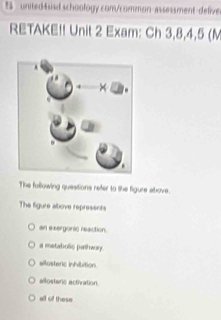 united 4sisd schoology.com/common-assessment-delives
RETAKE!! Unit 2 Exam: Ch 3, 8, 4,5 (M
The following questions refer to the figure above.
The figure above represents
an exergonic reaction.
a metabolis pathway.
allosteric inhibition.
aßlosteric activation.
all of these