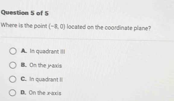 Where is the point (-8,0) located on the coordinate plane?
A. In quadrant III
B. On the y-axis
C. In quadrant II
D. On the x-axis