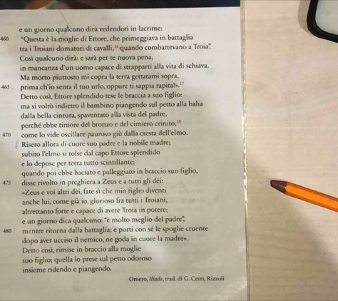 un giorno qualcuno dirá vedendoti in lacrime:
460 *Questa è la moglie di Ettore, che primeggiava in battaglia
tra i Troiani domatori di cavalli,’ quando combattevano a Troia'
Così qualcuno dirá: e sará per te nuova pena,
in mancanza d’un uomo capace di strapparti alla vita di schiava.
Ma morto piuttosto mi copra la terra gettatami sopra,
465 prima ch'io senta il tuo urlo, oppure ti sappia rapita!».'
Detto così, Ettore splendido tese le braccia a suo figlio:
ma si voltò indietro il bambino piangendo sul petto alla balia
dalla bella cintura, spaventato alla vista del padre,
perché ebbe timore del bronzo e del cimiero crinito,''
470 come lo vide oscillare pauroso giù dalla cresta dell'elmo.
Risero allora di cuore suo padre e la nobile madre;
subito l'elmo si tolse dal capo Ettore splendido
e lo depose per terra tutto scintillante;
quando poi ebbe baciato e palleggiato in braccio suo figlio,
475 disse rivolto in preghiera a Zeus e a tutti gli dèi:
«Zeus e voi altri dèi, fate sì che mio figlio diventi
anche lui, come già io, glorioso fra tutti i Troiani,
altrettanto forte e capace di avere Troia in potere;
e un giorno dica qualcuno: 'è molto meglio del padre',
480 mentre ritorna dalla battaglia; e porti con sé le spoglie cruente
dopo aver ucciso il nemico, ne goda in cuore la madre».
Detto così, rimise in braccio alla moglie
suo figlio; quella lo prese sul petto odoroso
insieme ridendo e piangendo.
Omero, Iäade, trad. di G. Cerri, Rizzoli