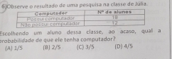 6)Observe o resultado de uma pesquisa na classe de Júlia. 
Escolhendo um aluno dessa classe, ao acaso, qual a
probabilidade de que ele tenha computador? (D) 4/5
(A) 1/5 (B) 2/5 (C) 3/5