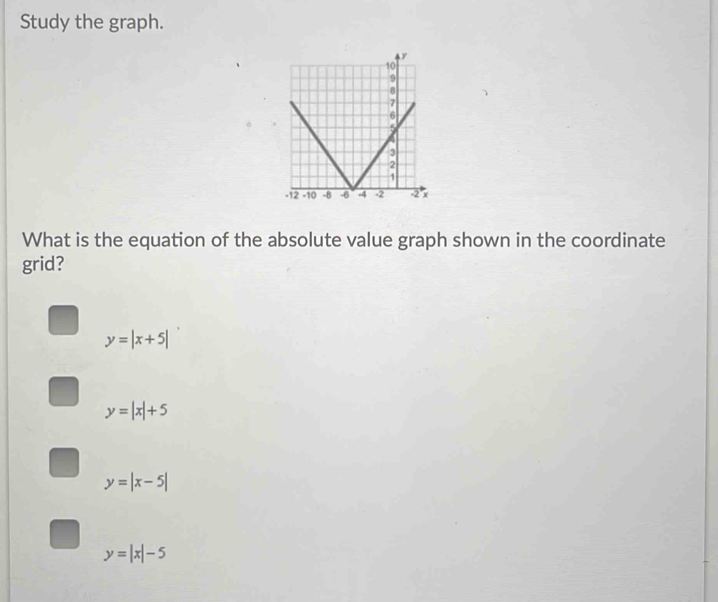 Study the graph.
What is the equation of the absolute value graph shown in the coordinate
grid?
y=|x+5|
y=|x|+5
y=|x-5|
y=|x|-5