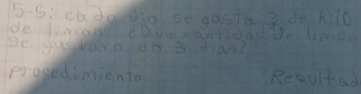 5-5: cadaio se gosta  3/4  de k:10
de limom eDvercantioad tle lenos 
Se guadaro eD 3 dias? 
prosedimiento Resultad