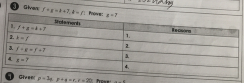 Given: f+g=k+7,k=f
p=3q.p+q=r.r=20 Prove: a-c