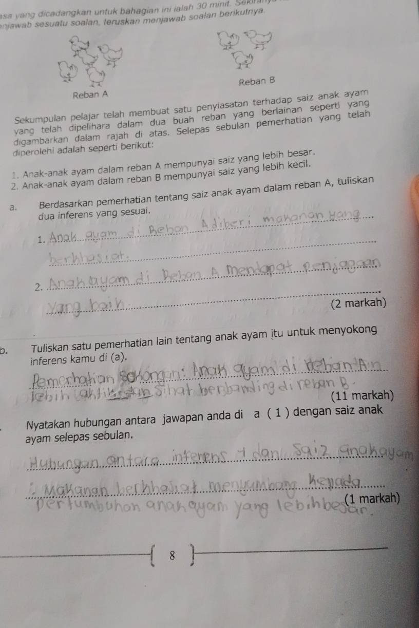 niawab sesuatu soalan, teruskan menjawab soalan berikutnya 
Reban B 
Sekumpulan pelajar telah membuat satu penyiasatan terhadap saiz anak ayam 
yang telah dipelihara dalam dua buah reban yang berlainan seperti yang 
digambarkan dalam rajah di atas, Selepas sebulan pemerhatian yang telah 
diperolehi adalah seperti berikut: 
1. Anak-anak ayam dalam reban A mempunyai saiz yang lebih besar. 
2. Anak-anak ayam dalam reban B mempunyai saiz yang lebih kecil. 
a, Berdasarkan pemerhatian tentang saiz anak ayam dalam reban A, tuliskan 
dua inferens yang sesuai. 
1._ 
2. 
_ 
_ 
(2 markah) 
b. Tuliskan satu pemerhatian lain tentang anak ayam itu untuk menyokong 
_ 
inferens kamu di (a). 
(11 markah) 
Nyatakan hubungan antara jawapan anda di a ( 1 ) dengan saiz anak 
ayam selepas sebulan. 
_ 
_ 
(1 markah) 
_ 
_ 
8 
_