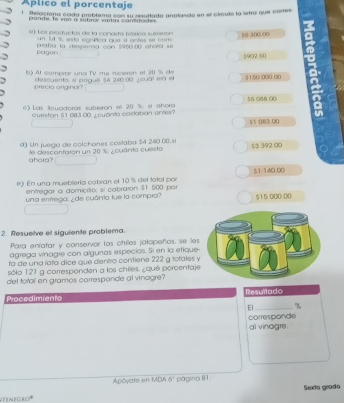 Aplico el porcentaje
1. Relaciona cada problema con su resultado anotando en el círculo la letra que corres
ponde.Te van a sobrar varías cantidades.
a) Los productos de la canasta básica subieron
un 14 % esto significa que si antes se com $5 300.00
praba la despensa con $950.00 ahoła se
pagan
$902.50
b) Al comprar una TV me hicieron el 20 % de
descuento, si pagué $4 240.00 : ¿cuál erá el $150 000.00
precio original?
$5 088.00
c) Las licuadoras subieron el 20 %; si ahora
cuestan $1 083.00. ¿cuánto costaban antes?
$1 083.00
d) Un juego de colchones costaba $4 240.00,si
le descontaron un 20 %; ¿cuánto cuesta $3 392.00
ahora?
$1 140.00
e) En una mueblería cobran el 10 % del total por
entregar a domicilio; si cobraron $1 500 por
una entrega: ¿de cuánto fue la compra? $15 000.00
2. Resuelve el siguiente problema.
Para enlatar y conservar los chiles jalapeños, se les
agrega vinagre con algunas especias. Si en la etique
ta de una lata dice que dentro contiene 222 g totales 
sólo 121 g corresponden a los chiles, ¿qué porcentaj
del total en gramos corresponde al vinagre?
Procedimiento Resultado
El _  %
corresponde
al vinagre.
Apóyate en MDA 6° página 81
Sexto grado
tenegro®