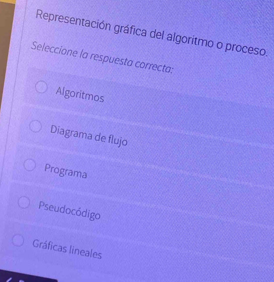 Representación gráfica del algoritmo o proceso.
Seleccione la respuesta correcta:
Algoritmos
Diagrama de flujo
Programa
Pseudocódigo
Gráficas lineales