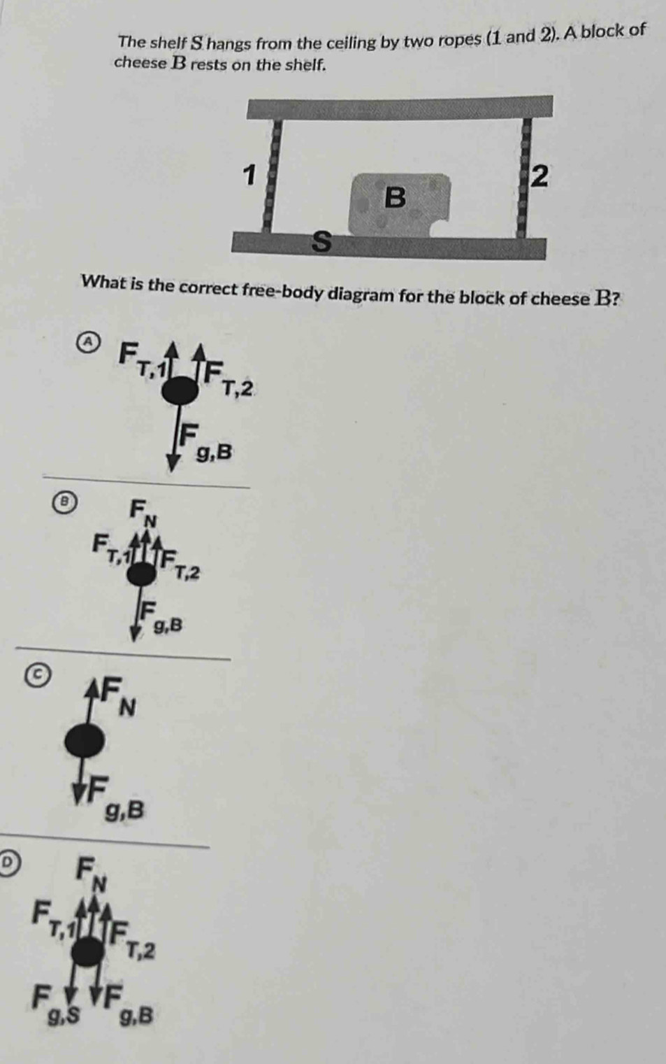 The shelf S hangs from the ceiling by two ropes (1 and 2). A block of
cheese B rests on the shelf.
What is the correct free-body diagram for the block of cheese B?
a
a 
a ∠
N
F
g,B
D