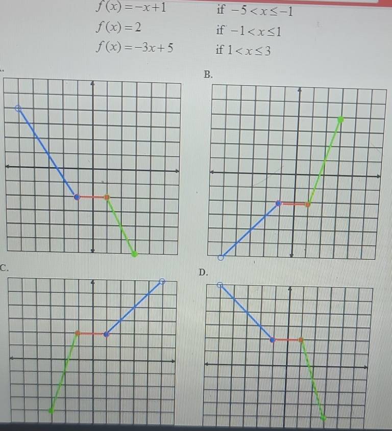 f(x)=-x+1 if -5
f(x)=2
if -1
f(x)=-3x+5 if 1
B. 
C. 
D.