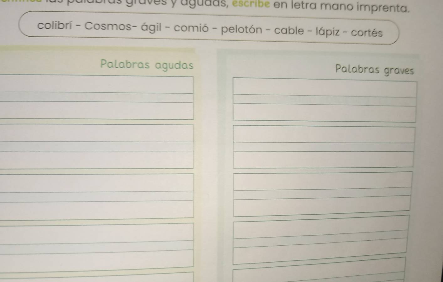 us graves y agudás, escribe en letra mano imprenta. 
colibrí - Cosmos- ágil - comió - pelotón - cable - lápiz - cortés 
Palabras agudas 
Palabras graves