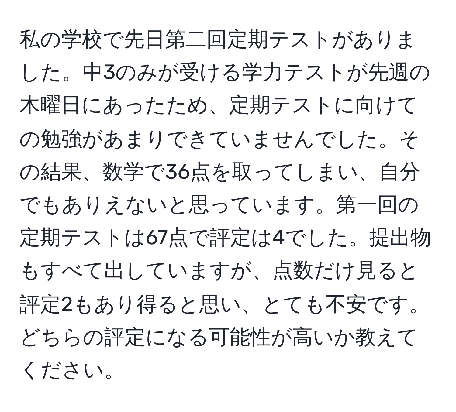 私の学校で先日第二回定期テストがありました。中3のみが受ける学力テストが先週の木曜日にあったため、定期テストに向けての勉強があまりできていませんでした。その結果、数学で36点を取ってしまい、自分でもありえないと思っています。第一回の定期テストは67点で評定は4でした。提出物もすべて出していますが、点数だけ見ると評定2もあり得ると思い、とても不安です。どちらの評定になる可能性が高いか教えてください。