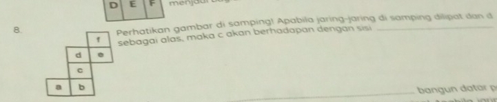 D E F menjaui 
8. 
Perhatikan gambar di samping! Apabila jaring-jaring di samping dilipat dan đ 
sebagai alas, maka c akan berhadapan dengan sisi 
bn a