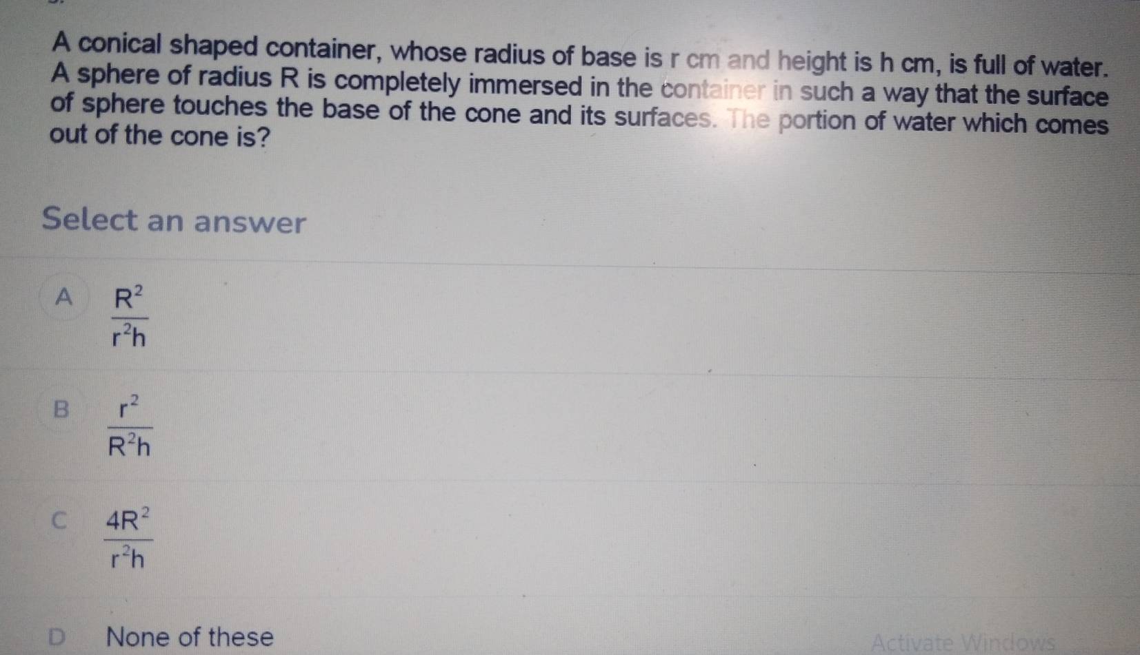 Solved: A conical shaped container, whose radius of base is r cm and ...