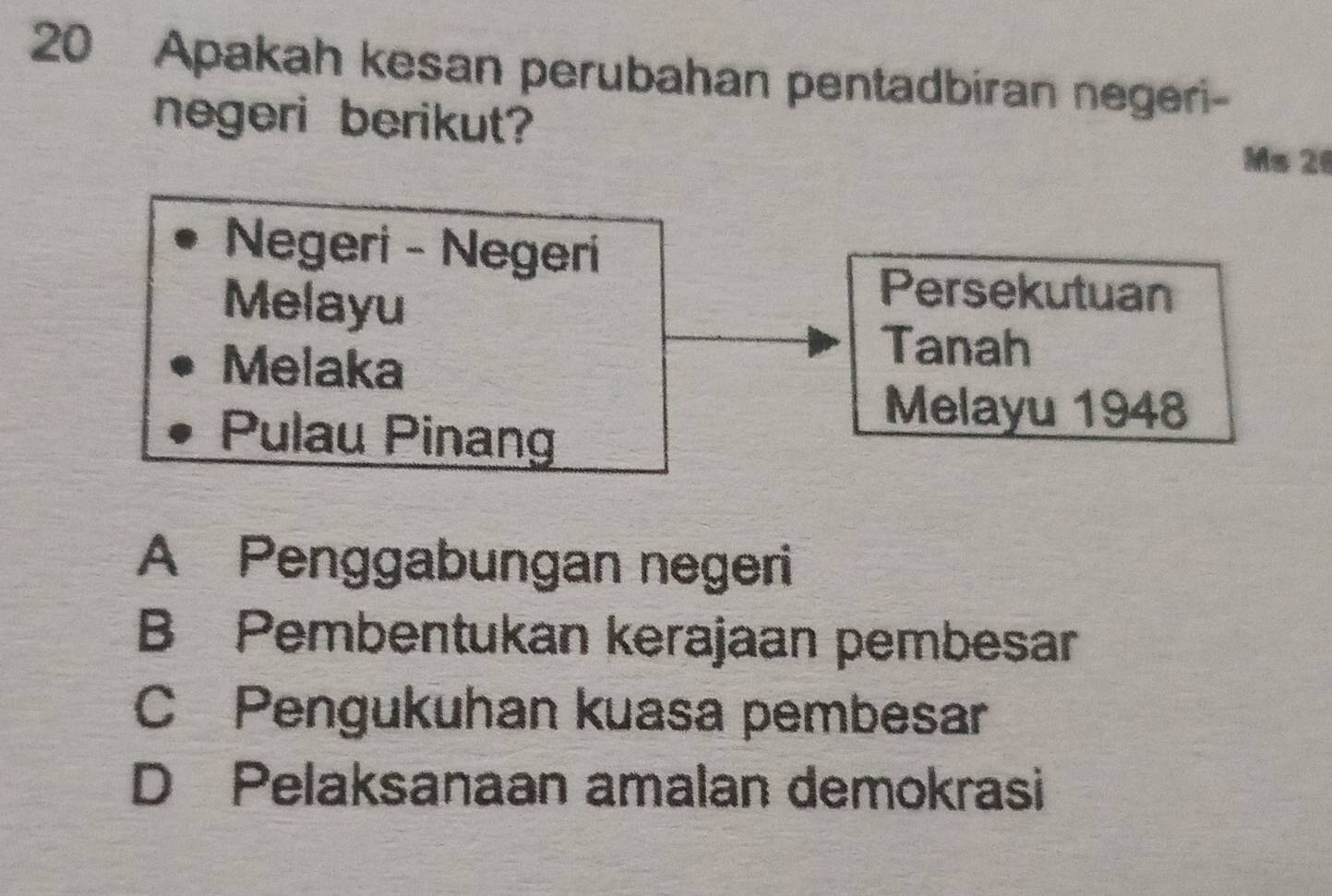 Apakah kesan perubahan pentadbiran negeri-
negeri berikut?
Ms 26
Negeri - Negeri
Melayu
Persekutuan
Melaka
Tanah
Pulau Pinang
Melayu 1948
A Penggabungan negeri
B Pembentukan kerajaan pembesar
C Pengukuhan kuasa pembesar
D Pelaksanaan amalan demokrasi