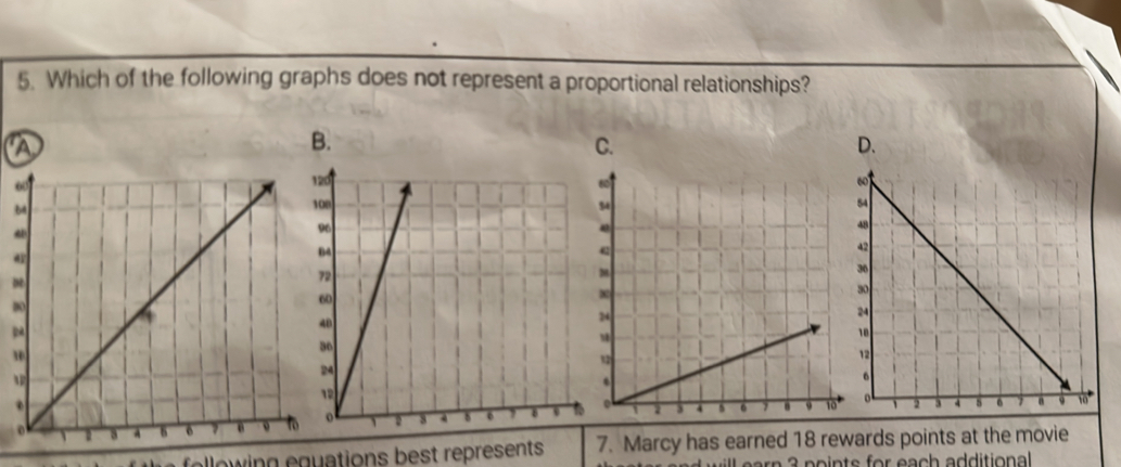 Which of the following graphs does not represent a proportional relationships? 
a 
B. 
6 
fellowing equations best represents 7. Marcy has earned 18 rewards points at the movie 
a n a p o in ts for each a dditional