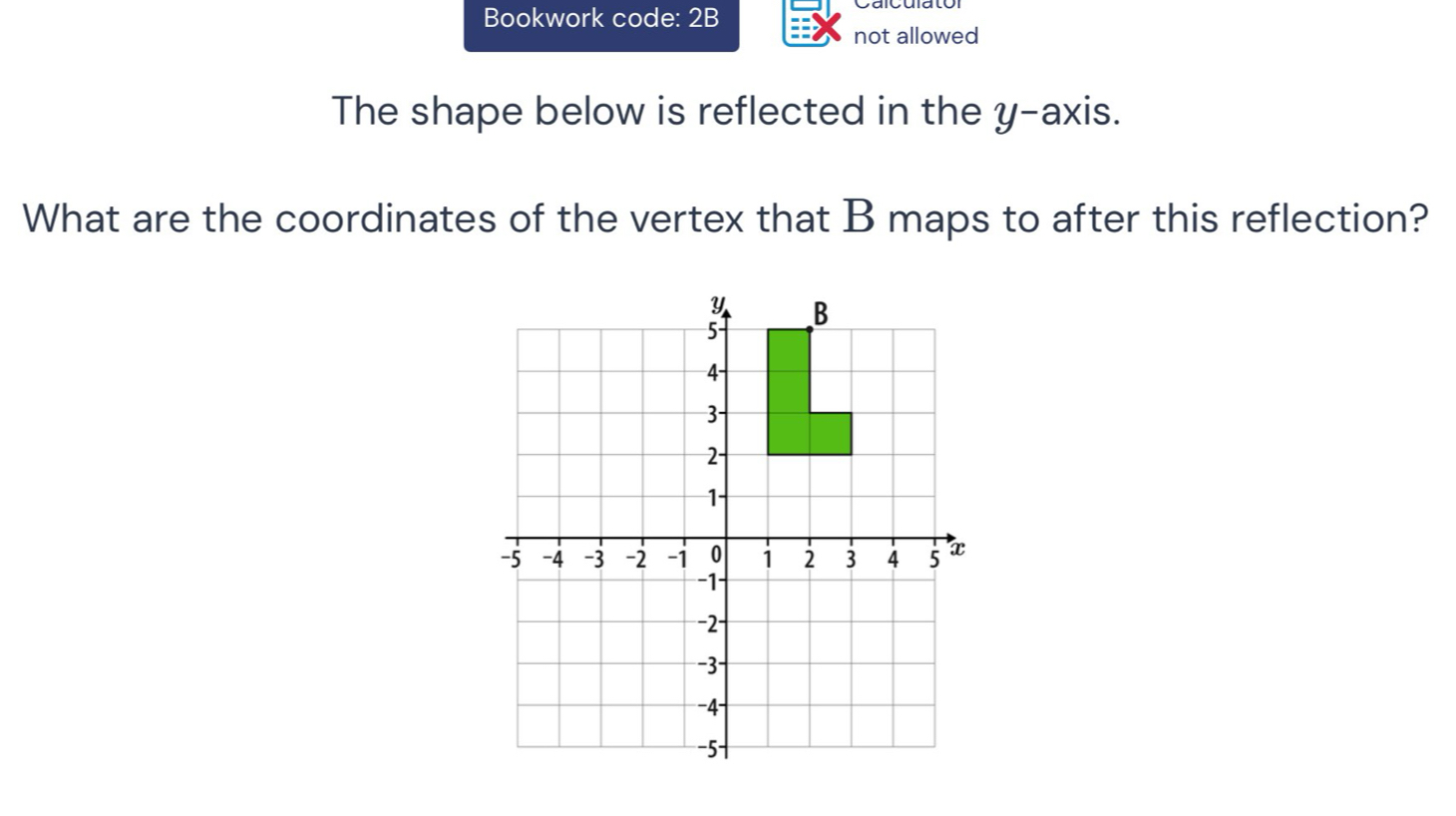 Bookwork code: 2B 
not allowed 
The shape below is reflected in the y-axis. 
What are the coordinates of the vertex that B maps to after this reflection?