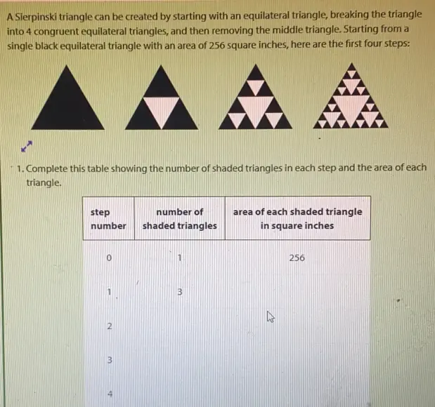 Solved: A Sierpinski triangle can be created by starting with an ...