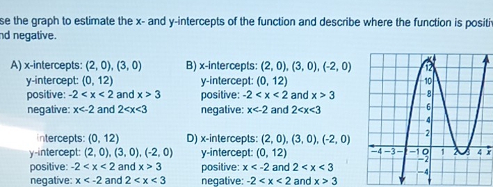 se the graph to estimate the x - and y-intercepts of the function and describe where the function is positiv
nd negative.
A) x-intercepts: (2,0),(3,0) B) x-intercepts: (2,0), (3,0), (-2,0)
y-intercept: (0,12) y-intercept: (0,12)
positive: -2 and x>3 positive: -2 and x>3
negative: x and 2 negative: x and 2
intercepts: (0,12) D) x-intercepts: (2,0),(3,0),(-2,0)
y-intercept: (2,0),(3,0), (-2,0) y-intercept: (0,12) x
positive: -2 and x>3 positive: x and 2
negative: x and 2 negative: -2 and x>3