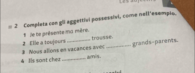 Les auje 
=2 Completa con gli aggettivi possessivi, come nell’esempio. 
1 Je te présente ma mère. 
2 Elle a toujours trousse. 
3 Nous allons en vacances avec_ grands-parents. 
4 Ils sont chez _amis.