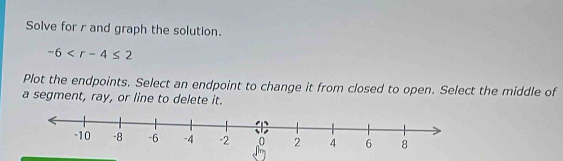 Solve for r and graph the solution.
-6
Plot the endpoints. Select an endpoint to change it from closed to open. Select the middle of 
a segment, ray, or line to delete it.