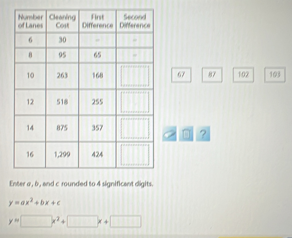 67 87 102 103
?
Enter α, b , and c rounded to 4 significant digits.
y=ax^2+bx+c
y=□ x^2+□ x+□