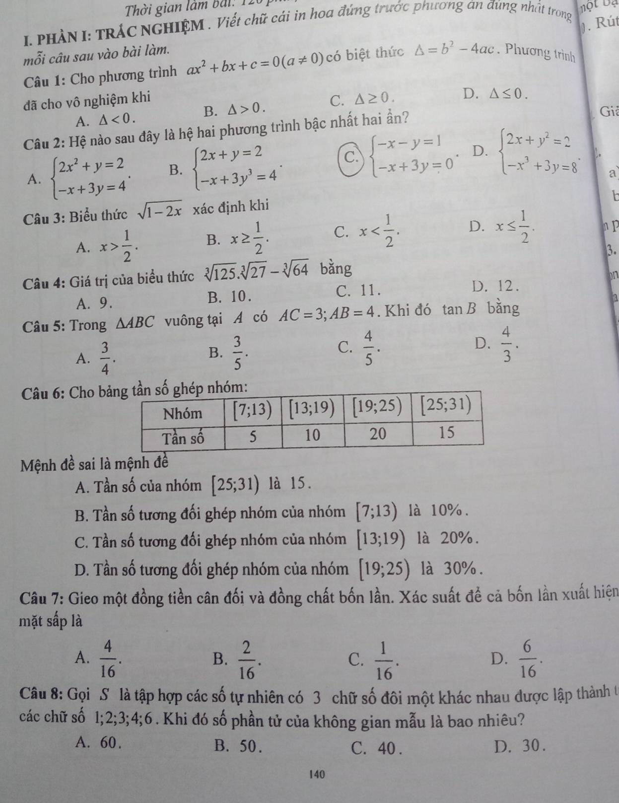 Thời gian làm bải: 12
). Rút
I. PHÀN I: TRÁC NGHIỆM . Viết chữ cái in hoa đứng trước phương án đúng nhất trong
mỗi câu sau vào bài làm.
Câu 1: Cho phương trình ax^2+bx+c=0(a!= 0) có biệt thức △ =b^2-4ac. Phương trình
đã cho vô nghiệm khi C. △ ≥ 0.
D. △ ≤ 0.
B. △ >0. Giả
A. △ <0.
Câu 2: Hệ nào sau đây là hệ hai phương trình bậc nhất hai ẩn?
C.
A. beginarrayl 2x^2+y=2 -x+3y=4endarray. . B. beginarrayl 2x+y=2 -x+3y^3=4endarray. . beginarrayl -x-y=1 -x+3y=0endarray. . D. beginarrayl 2x+y^2=2 -x^3+3y=8endarray. ..
a
h
Câu 3: Biểu thức sqrt(1-2x) xác định khi
C. x
D.
B. x≥  1/2 . x≤  1/2 .
A. x> 1/2 . n p
3.
Câu 4: Giá trị của biểu thức sqrt[3](125).sqrt[3](27)-sqrt[3](64) bằng
bn
A. 9. B. 10. C. 11.
D. 12.
Câu 5: Trong △ ABC vuông tại A có AC=3;AB=4. Khi đó tan B bằng
a
A.  3/4 .
B.  3/5 .  4/5 .  4/3 .
C.
D.
Câu 6: Cho bả
Mệnh đề sai là mệnh đề
A. Tần số của nhóm [25;31) là 15.
B. Tần số tương đối ghép nhóm của nhóm [7;13) là 10%.
C. Tần số tương đối ghép nhóm của nhóm [13;19) là 20%.
D. Tần số tương đối ghép nhóm của nhóm [19;25) là 30%.
Câu 7: Gieo một đồng tiền cân đối và đồng chất bốn lần. Xác suất để cả bốn lần xuất hiện
mặt sắp là
A.  4/16 .  2/16 .  1/16 .  6/16 .
B.
C.
D.
Câu 8: Gọi Sô là tập hợp các số tự nhiên có 3 chữ số đôi một khác nhau được lập thành 6
các chữ số 1;2;3;4;6. Khi đó số phần tử của không gian mẫu là bao nhiêu?
A. 60 . B. 50. C. 40 . D. 30.
140