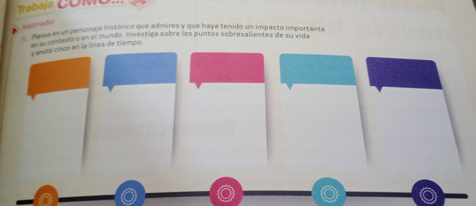 Trabaja 
A historiador 
1. Piensa en un personaje histórico que admires y que haya tenido un impacto importante 
en su contexto o en el mundo. Investíga sobre los puntos sobresalientes de su vida 
y anota cinco en la línea de tiempo.