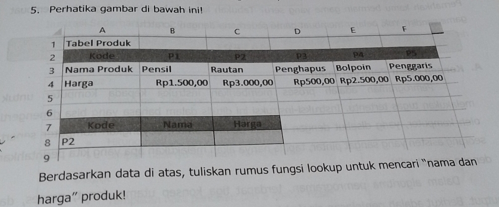 Perhatika gambar di bawah ini! 
Berdasarkan data di atas, tuliskan rumus fungsi lookup untuk m 
harga" produk!