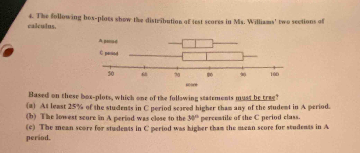 The following box-plots show the distribution of test scores in Ms. Williams' two sections of
calculus.
Based on these box-plots, which one of the following statements must be true?
(a) At least 25% of the students in C period scored higher than any of the student in A period.
(b) The lowest score in A period was close to the 30^(th) percentile of the C period class.
(c) The mean score for students in C period was higher than the mean score for students in A
period.