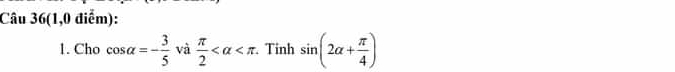 Câu 36(1,0 điểm): 
1. Cho cos alpha =- 3/5  và  π /2  . Tỉnh sin (2alpha + π /4 )