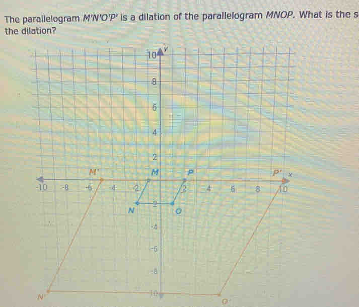 The parallelogram M'N'O'P' is a dilation of the parallelogram MNOP. What is the s
the dilation?
a°
10