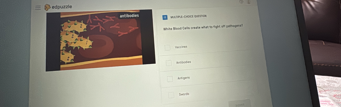 edpuzzle
MULTIPLE-CHOICE QUESTION
White Blood Cells create what to fight off pathogens?
Vaccines
Antibodies
Antigens
Swords