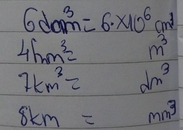 6dam^3=6* 10^6cm^3
4hm^3=
m^3
7km^3= dm^3
8km= mm^3