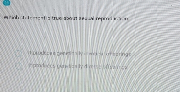 Which statement is true about sexual reproduction.
It produces genetically dentical offsprings
It produces genetically diverse offsprings