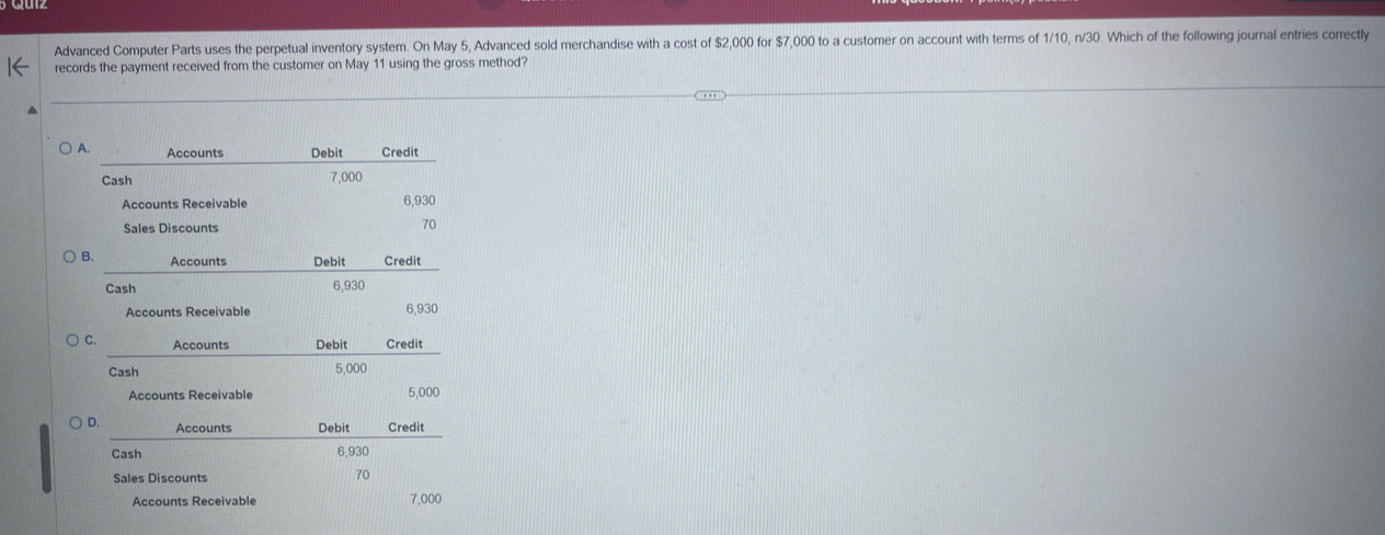 Advanced Computer Parts uses the perpetual inventory system. On May 5, Advanced sold merchandise with a cost of $2,000 for $7,000 to a customer on account with terms of 1/10, n/30. Which of the following journal entries correctly
records the payment received from the customer on May 11 using the gross method?
A. Accounts Debit Credit
Cash 7,000
Accounts Receivable 6,930
Sales Discounts 70
B. Accounts Debit Credit
Cash 6,930
Accounts Receivable 6,930
C. Accounts Debit Credit
Cash 5,000
Accounts Receivable 5,000
D. Accounts Debit Credit
Cash 6,930
Sales Discounts 70
Accounts Receivable 7,000