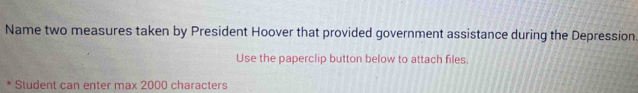 Name two measures taken by President Hoover that provided government assistance during the Depression. 
Use the paperclip button below to attach files. 
. Student can enter max 2000 characters