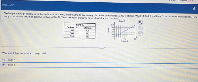 Challenge A foreign country uses the stellar as its currency. Before a trip to that country, Jon wants to exchange $1,300 to stellars. Which of Bank A and Bank B has the better exchange rate? How
many more stellars would he get if he exchanged his $1,300 at the better exchange rate instead of at the other rate?
Bank B


Dollars ($)
Which bank has the better exchange rate?
Bank A
Bank B