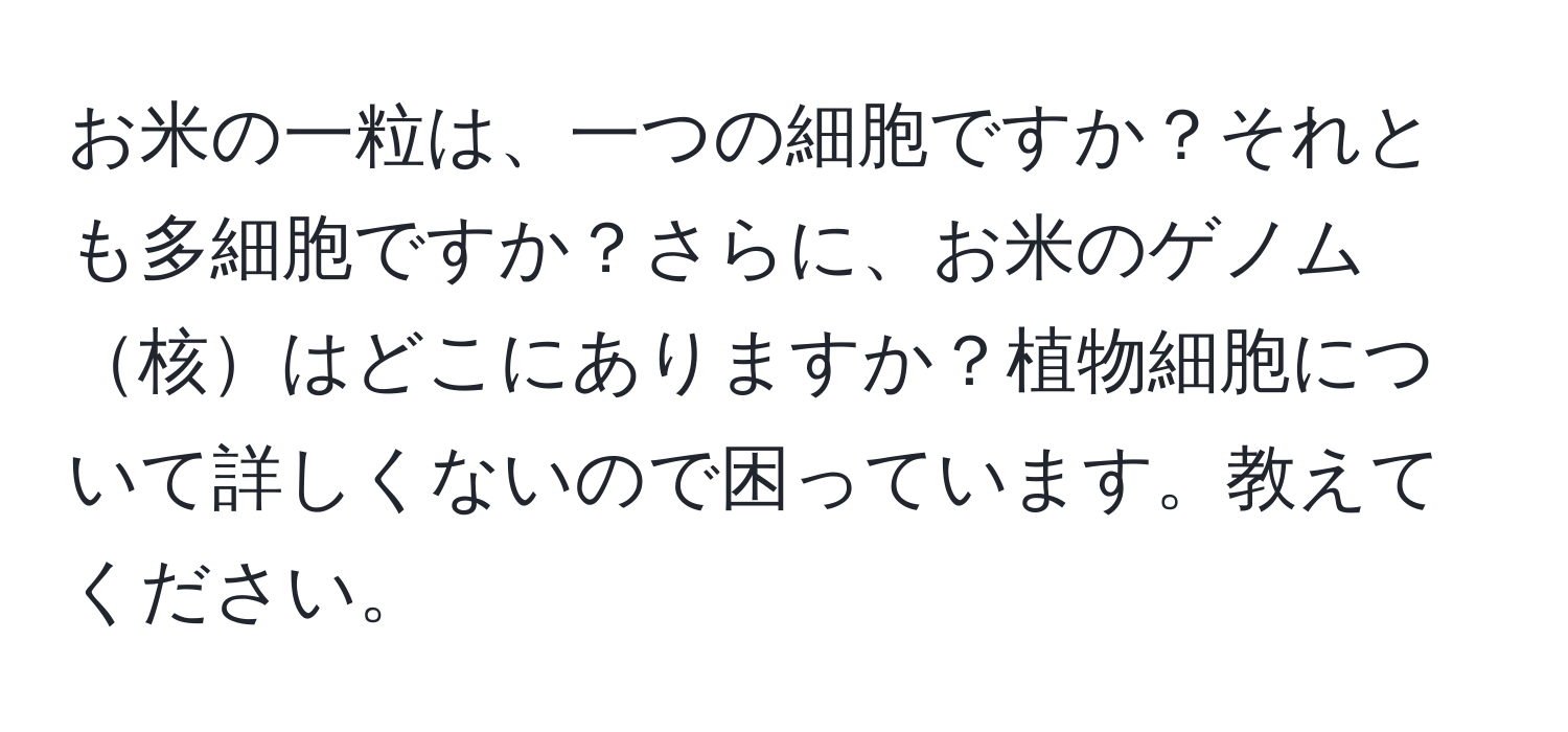 お米の一粒は、一つの細胞ですか？それとも多細胞ですか？さらに、お米のゲノム核はどこにありますか？植物細胞について詳しくないので困っています。教えてください。
