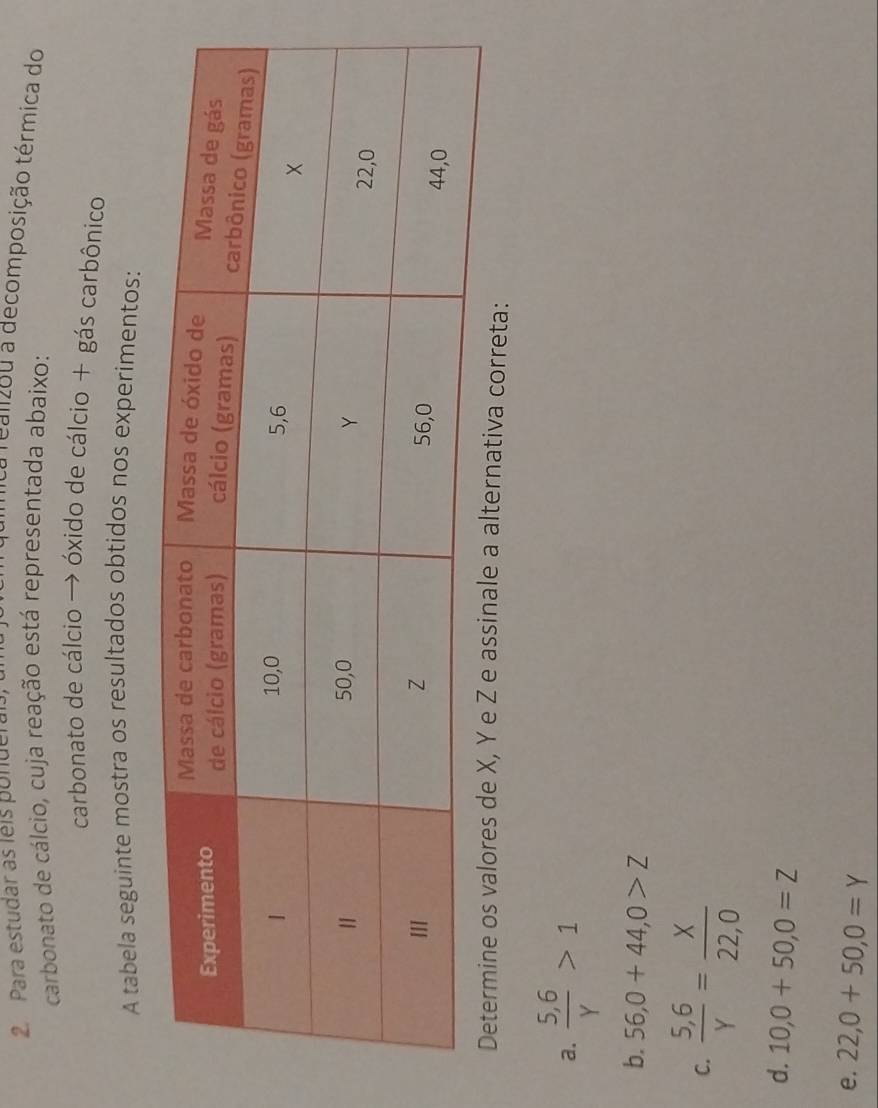 Para estudar as léis ponuerais
a fealizou a decomposição térmica do
carbonato de cálcio, cuja reação está representada abaixo:
carbonato de cálcio → óxido de cálcio + gás carbônico
A tabela seguinte mostra os resultados obtidos nos experimentos:
ernativa correta:
a.  (5,6)/Y >1
b. 56,0+44,0>Z
C.  (5,6)/Y = X/22,0 
d. 10,0+50, 0=Z
e. 22,0+50, 0=Y