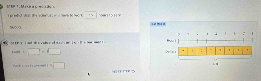 Make a prediction. 
I predict that the scientist will have to work 15 hours to earn
$6000. Bar 
① STEP 2: Find the value of each unit on the bar model.
$400+□ =5□
Each unit represents $ □. 
RESET STEP 5